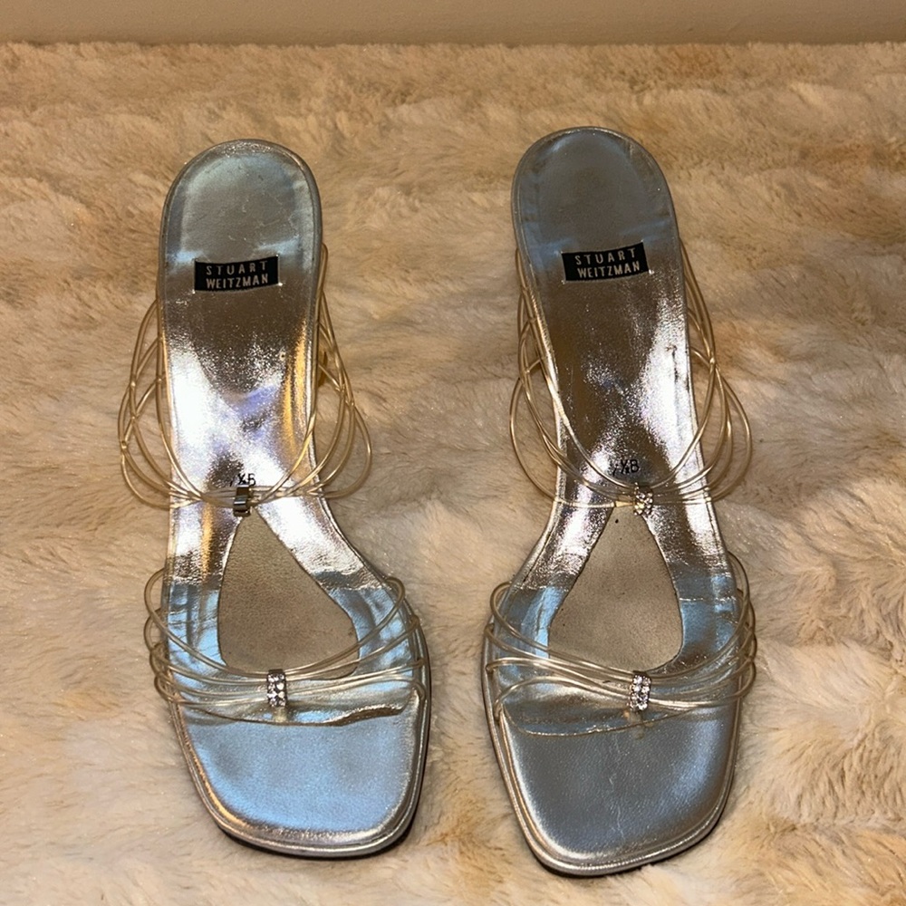 Vintage Stuart Weitzman XB Mules – Clear Straps & Rhinestone Detail – Size 7.5B